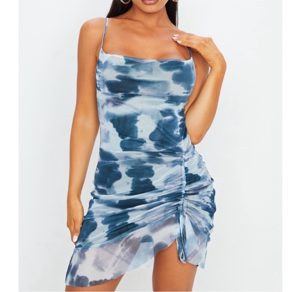 Pretty little thing Blue Tie-Dye Ruched Dress